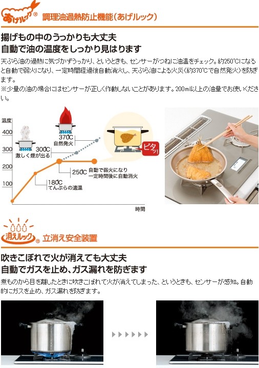 調理油過熱防止機能（あげルック）、立消え安全装置